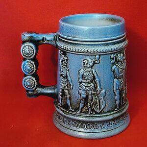 Vintage Stoneware Knights King Beer Stein Jug Mug Blue Unlidded